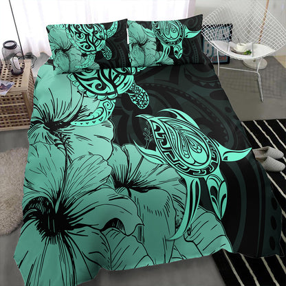 Hawaii Turtle Bedding Set Polynesian Hibiscus Art Turquoise