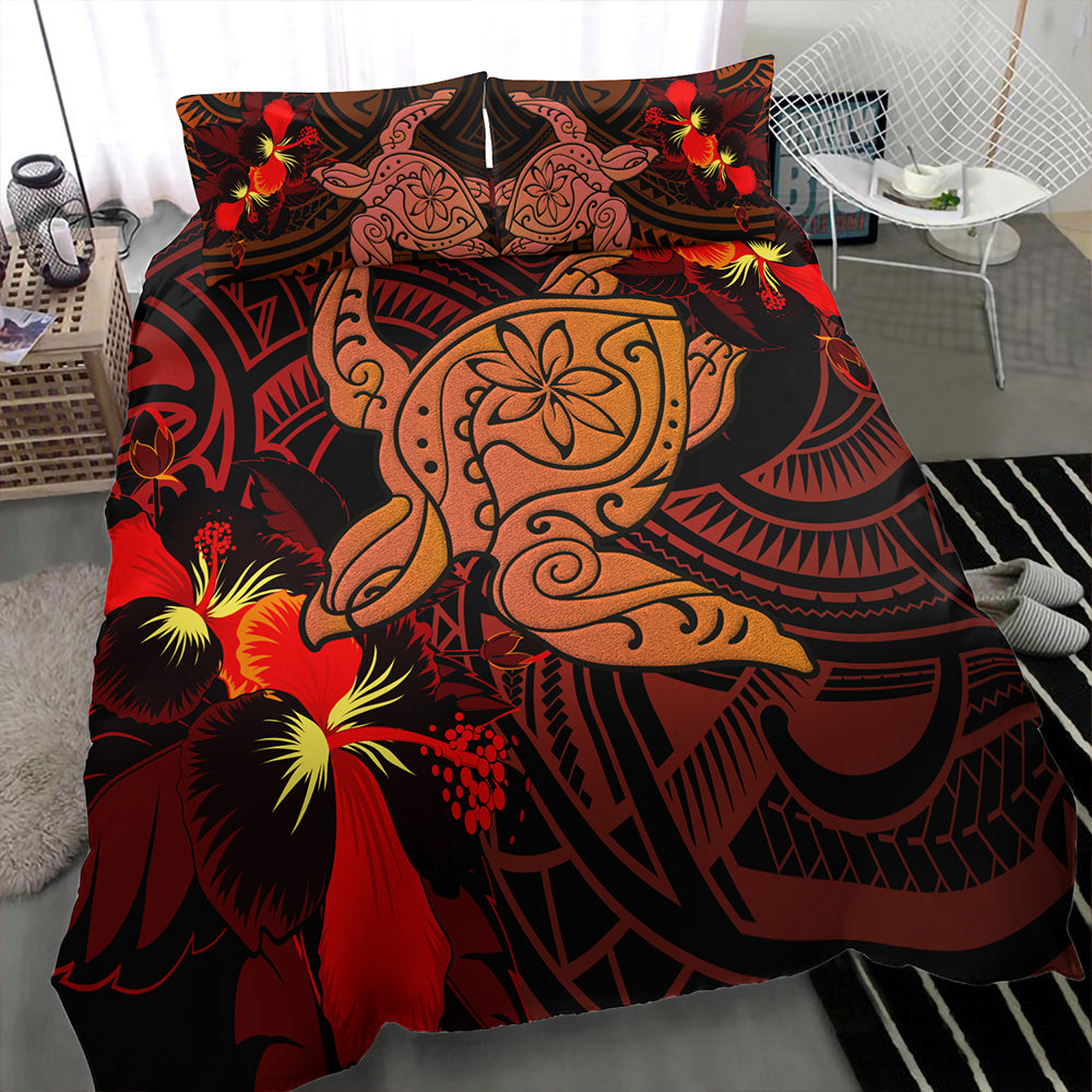 Hawaii Bedding Set Hibiscus Polynesian Red Big Turtle