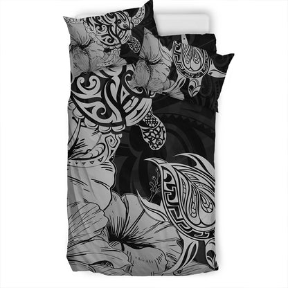 Hawaii Turtle Bedding Set Polynesian Hibiscus Art Gray