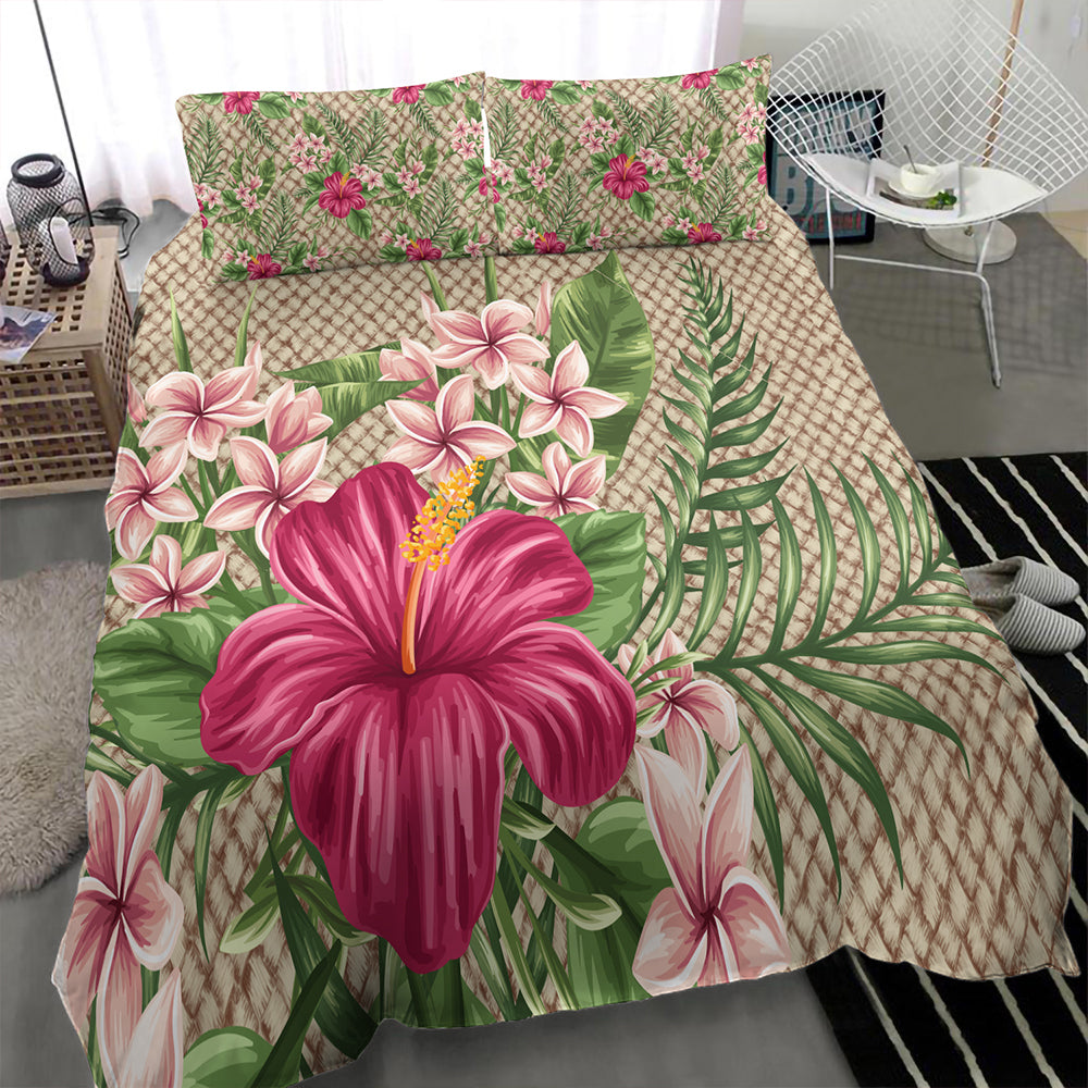 Hawaii Bedding Set Hibiscus Plumeria Palm Leaves Lauhala Background Polynesian