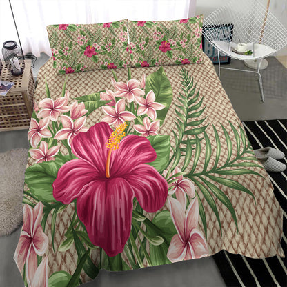 Hawaii Bedding Set Hibiscus Plumeria Palm Leaves Lauhala Background Polynesian