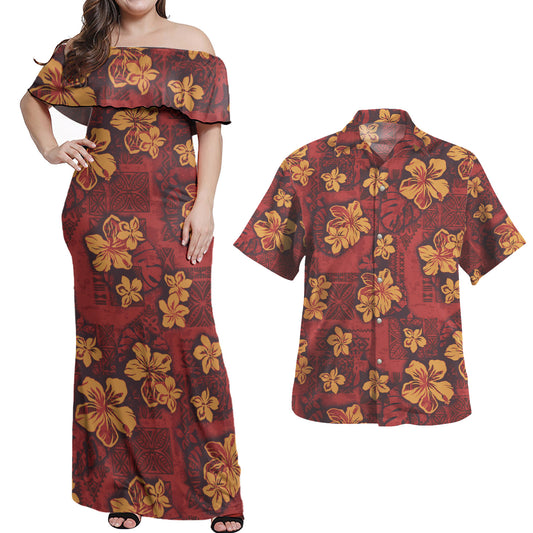 Hawaii Combo Off Shoulder Long Dress And Shirt Polynesian Tribal And Hibiscus Vintage Red Gold