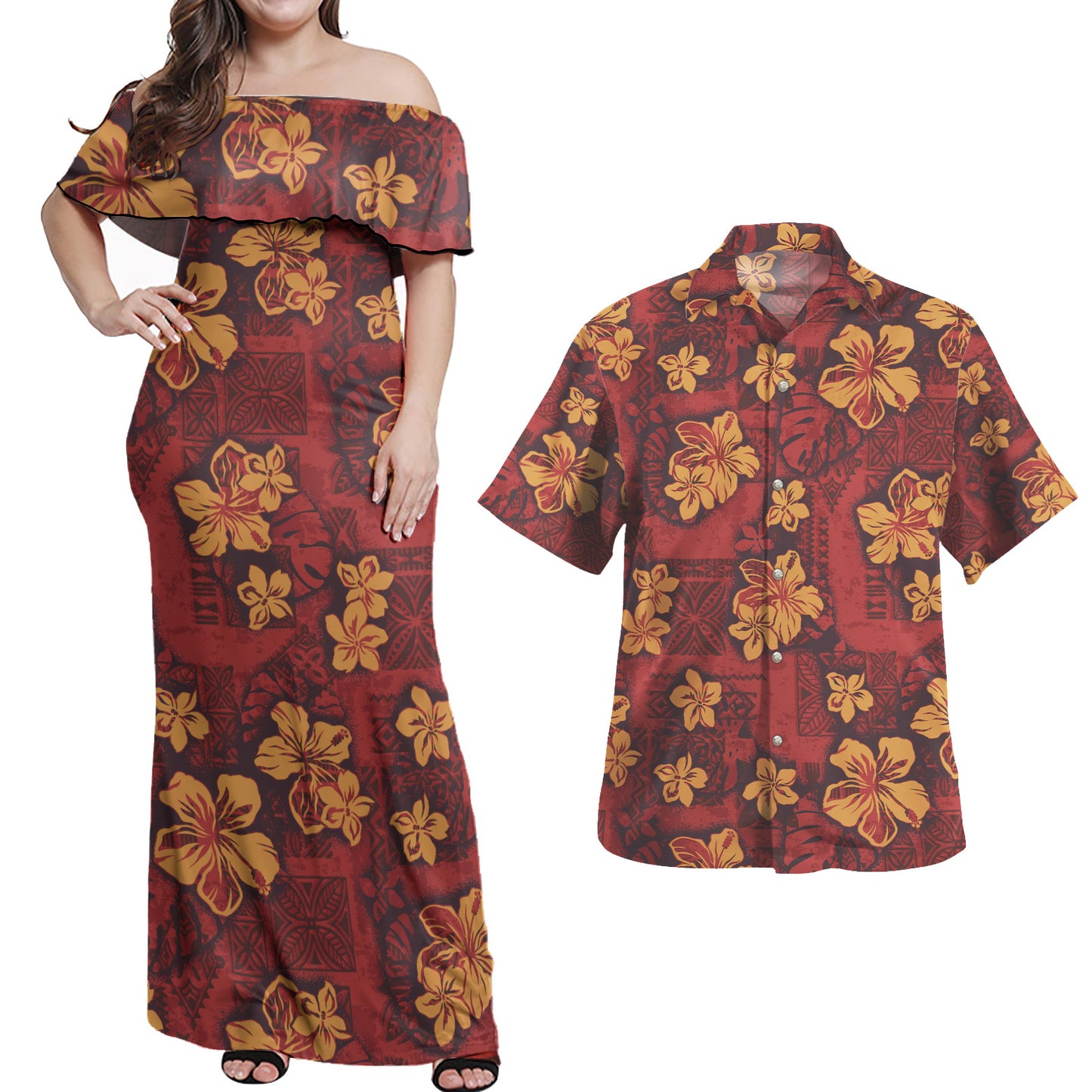 Hawaii Combo Off Shoulder Long Dress And Shirt Polynesian Tribal And Hibiscus Vintage Red Gold