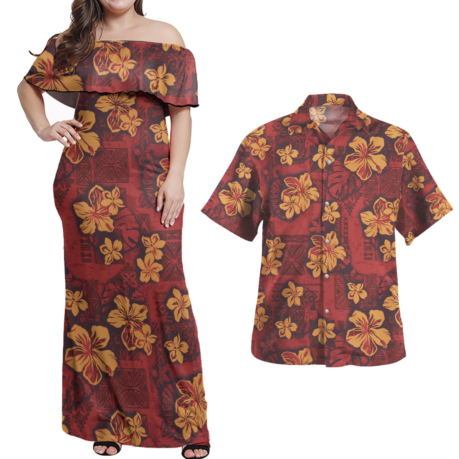 Hawaii Combo Off Shoulder Long Dress And Shirt Polynesian Tribal And Hibiscus Vintage Red Gold