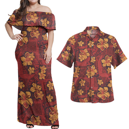 Hawaii Combo Off Shoulder Long Dress And Shirt Polynesian Tribal And Hibiscus Vintage Red Gold