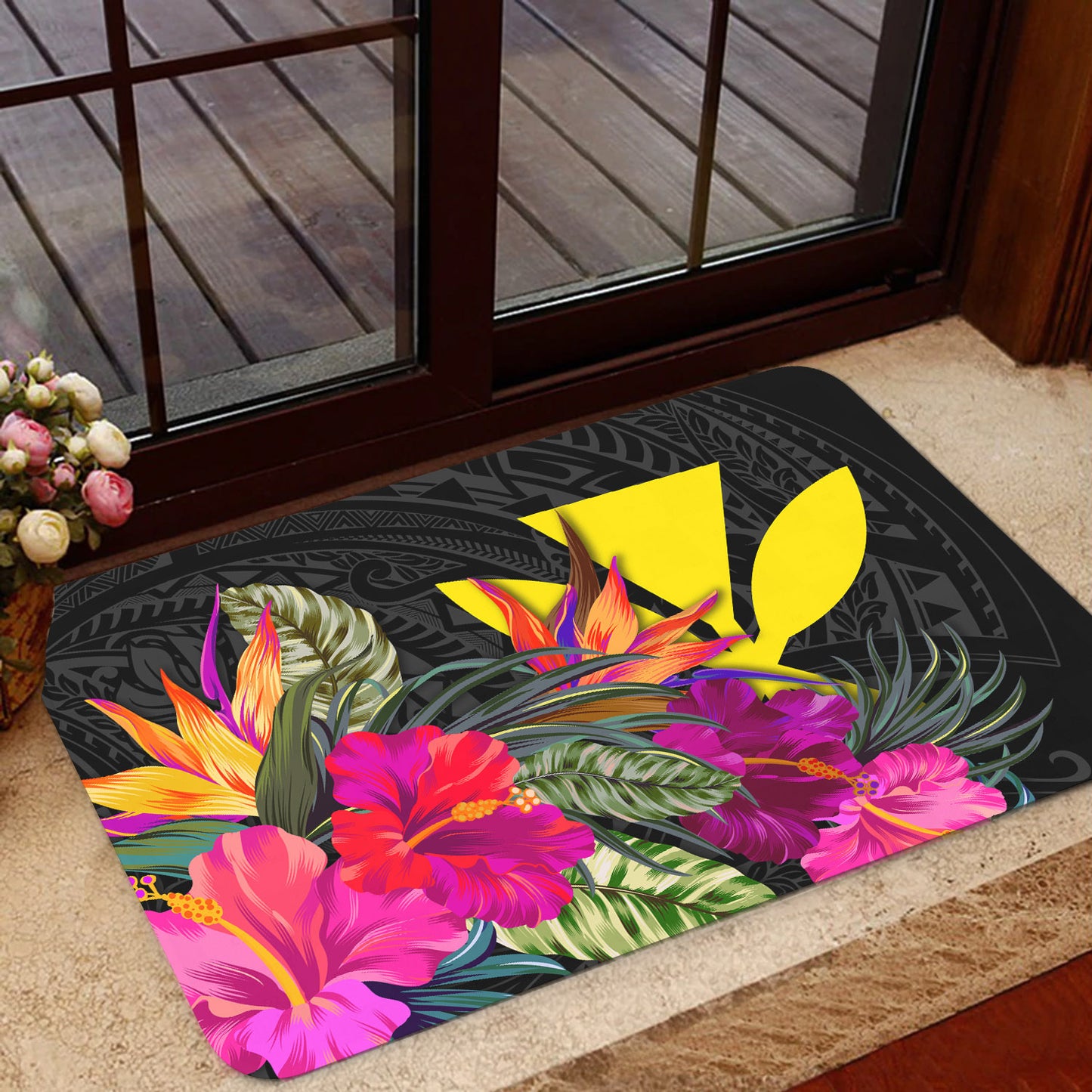 Hawaii Door Mat - Polynesian Pattern Hibiscus