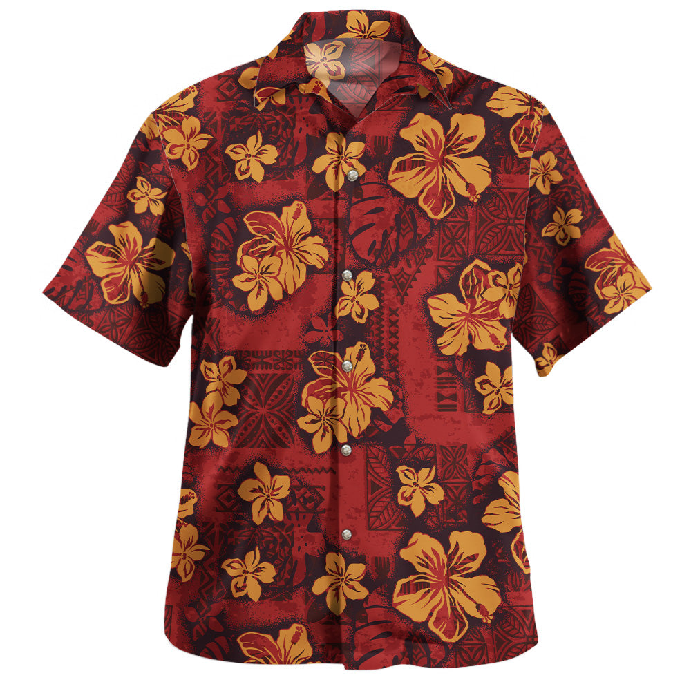 Hawaii Hawaiian Shirt Polynesian Tribal And Hibiscus Vintage Red Gold