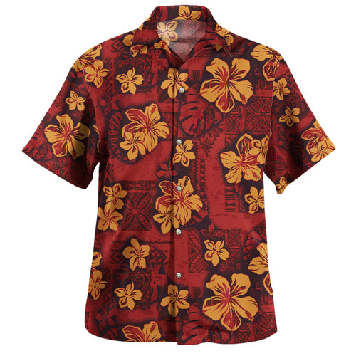 Hawaii Hawaiian Shirt Polynesian Tribal And Hibiscus Vintage Red Gold