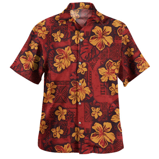 Hawaii Hawaiian Shirt Polynesian Tribal And Hibiscus Vintage Red Gold