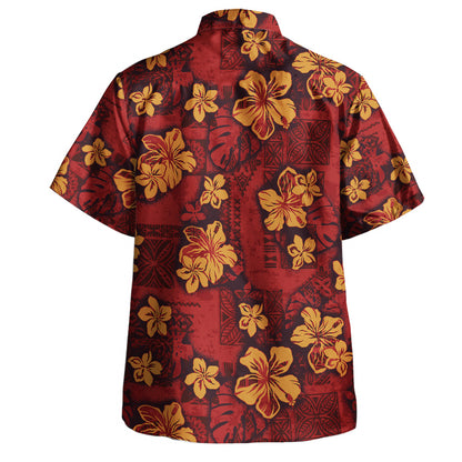 Hawaii Hawaiian Shirt Polynesian Tribal And Hibiscus Vintage Red Gold