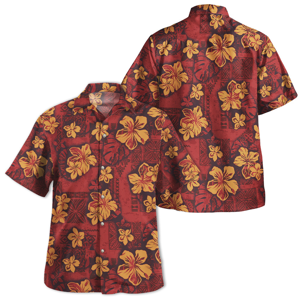 Hawaii Combo Off Shoulder Long Dress And Shirt Polynesian Tribal And Hibiscus Vintage Red Gold