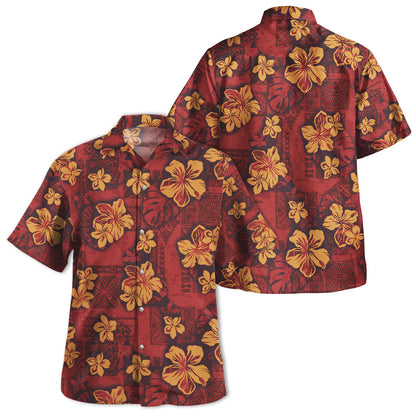 Hawaii Combo Off Shoulder Long Dress And Shirt Polynesian Tribal And Hibiscus Vintage Red Gold