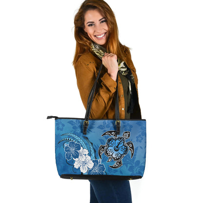 Hawaii Leather Tote Bag Flower And Sea Turtle Polynesian