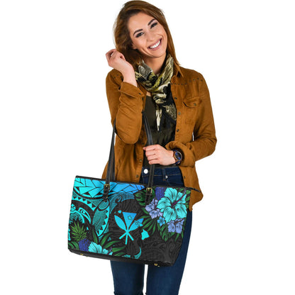 Hawaii Leather Tote Bag Polynesian Turtle Tropical Blue Gardient Blue