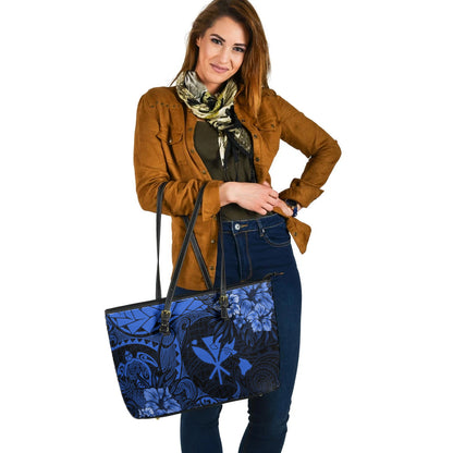 Hawaii Leather Tote Bag Polynesian Turtle Tropical Blue