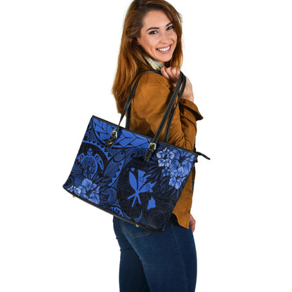 Hawaii Leather Tote Bag Polynesian Turtle Tropical Blue