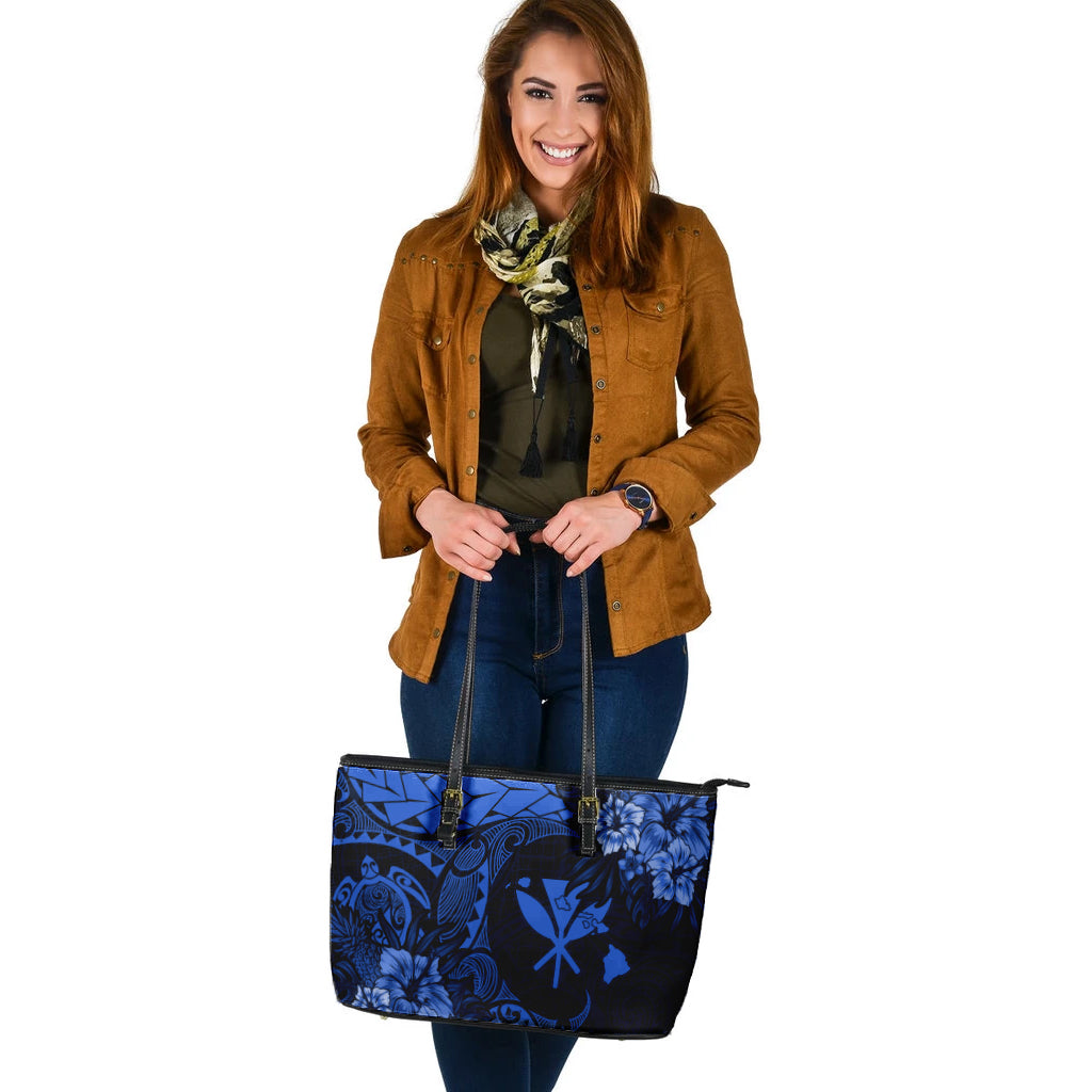 Hawaii Leather Tote Bag Polynesian Turtle Tropical Blue