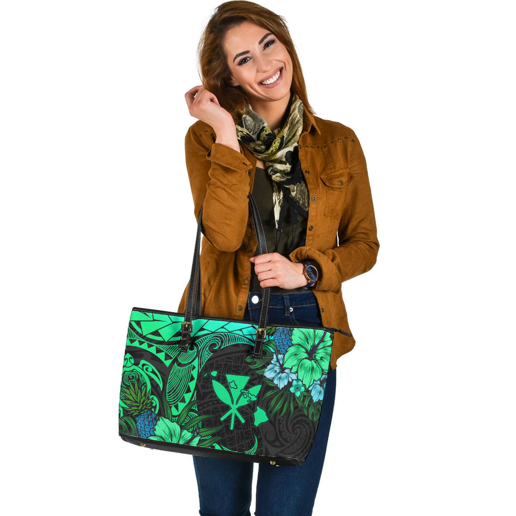Hawaii Leather Tote Bag Polynesian Turtle Tropical Gardient Green