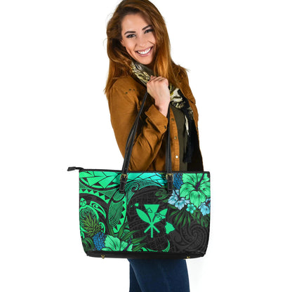 Hawaii Leather Tote Bag Polynesian Turtle Tropical Gardient Green