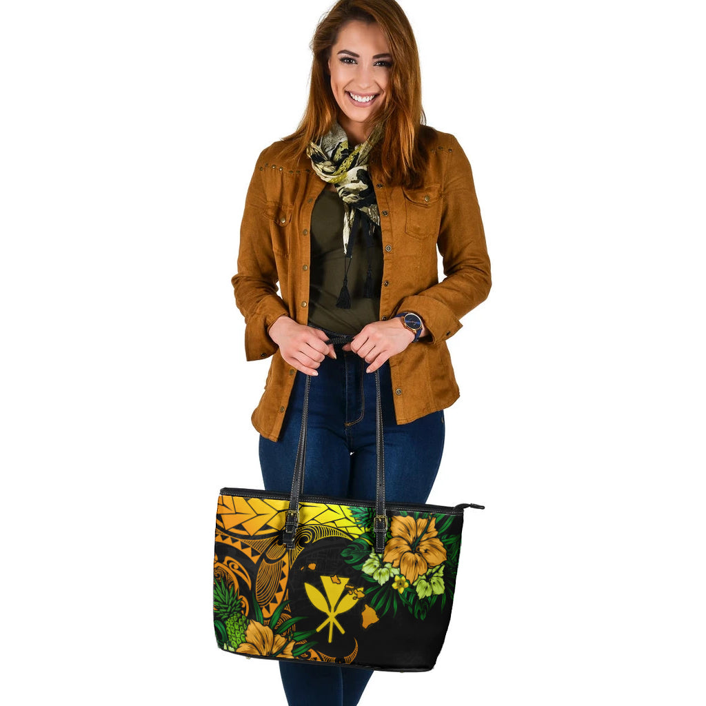 Hawaii Leather Tote Bag Polynesian Turtle Tropical Gardient Yellow