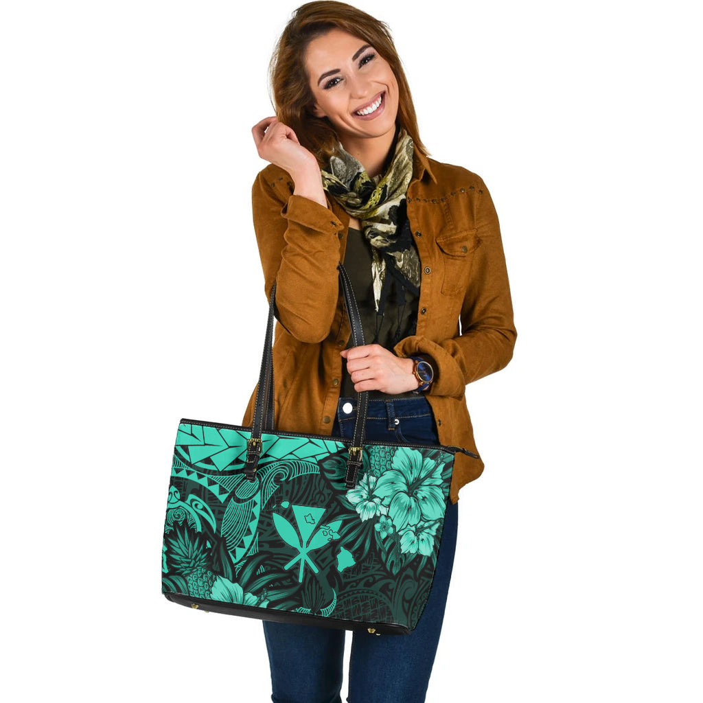 Hawaii Leather Tote Bag Polynesian Turtle Tropical Patina Green