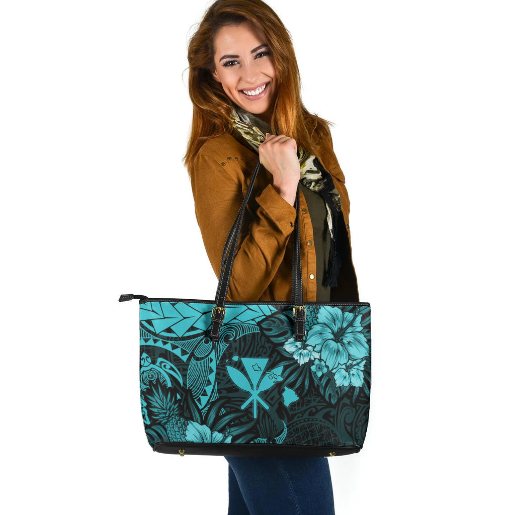 Hawaii Leather Tote Bag Polynesian Turtle Tropical Turquoise