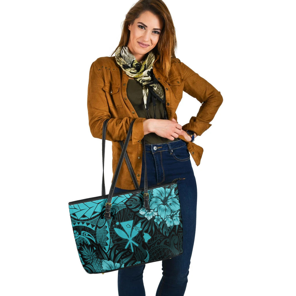 Hawaii Leather Tote Bag Polynesian Turtle Tropical Turquoise