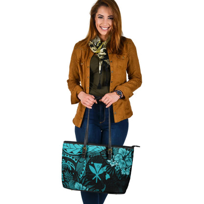 Hawaii Leather Tote Bag Polynesian Turtle Tropical Turquoise