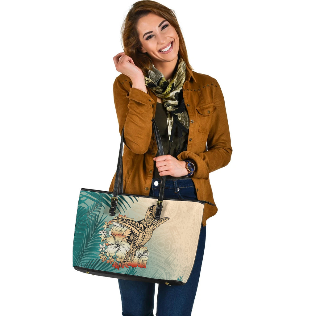 Hawaii Leather Tote Bag Tropical Leaves Sea Turtle Tribal