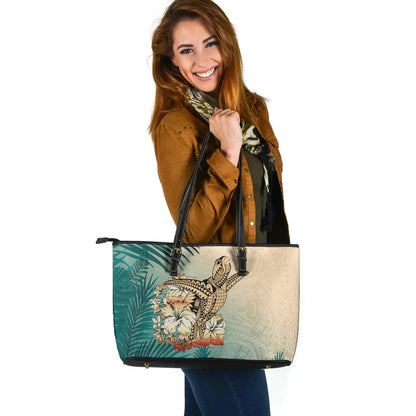 Hawaii Leather Tote Bag Tropical Leaves Sea Turtle Tribal