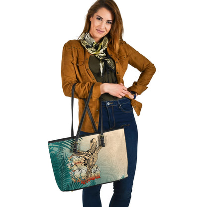 Hawaii Leather Tote Bag Tropical Leaves Sea Turtle Tribal