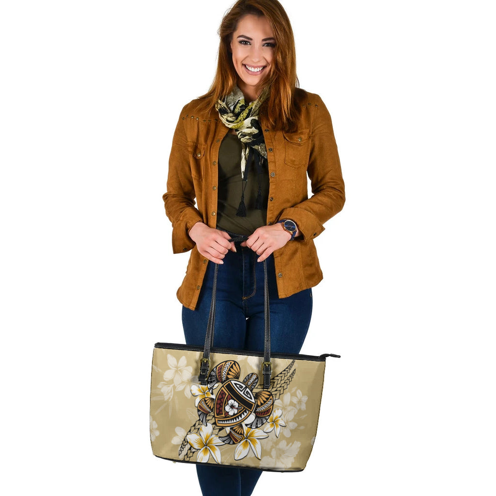 Hawaii Leather Tote Bag Turtle Polynesian Plumeria