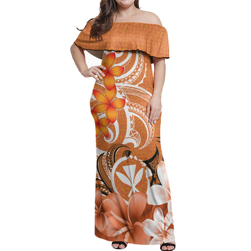 Hawaii Woman Off Shoulder Long Dress Polynesian Floral Spirit Orange