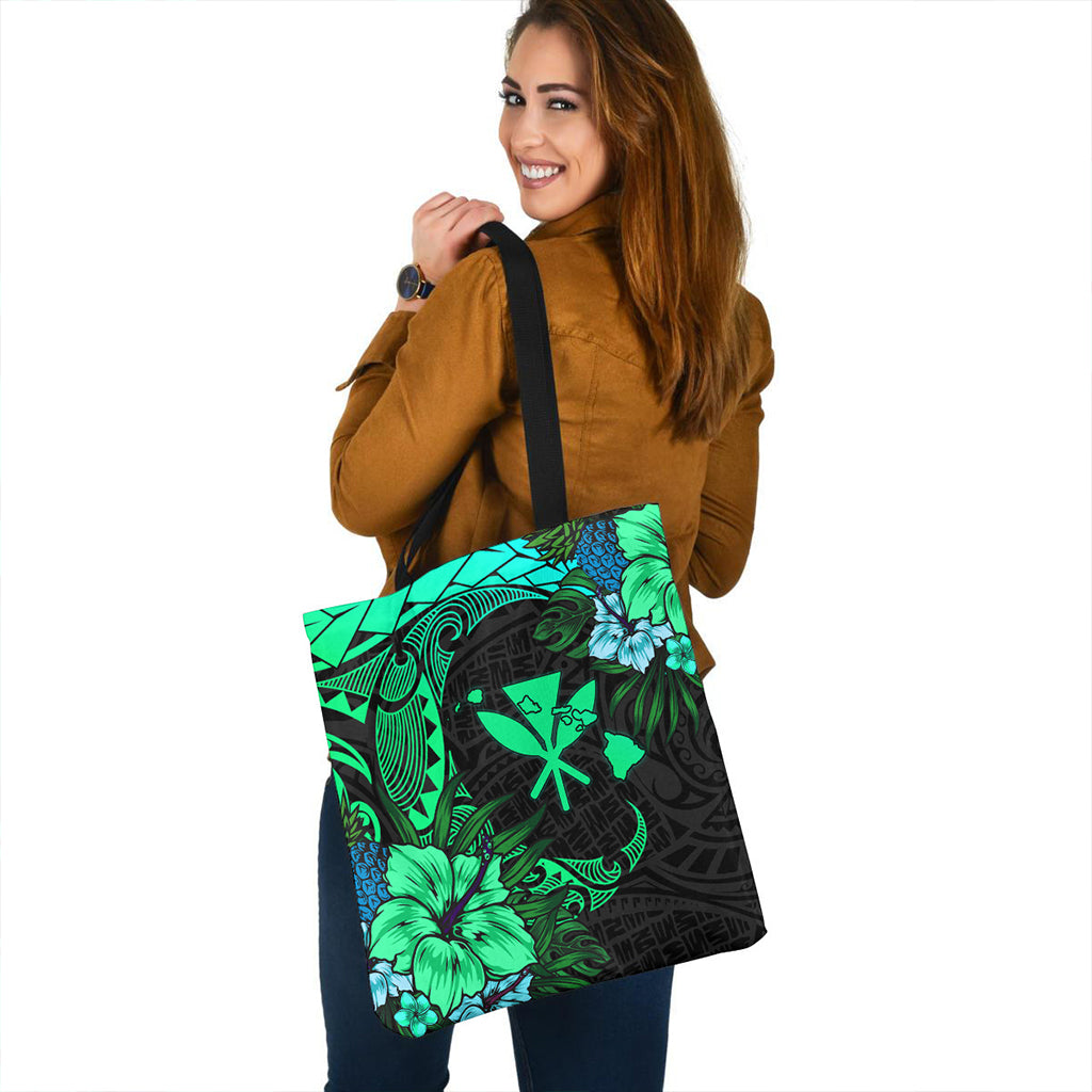 Hawaii Tote Bag Polynesian Turtle Tropical Gardient Green