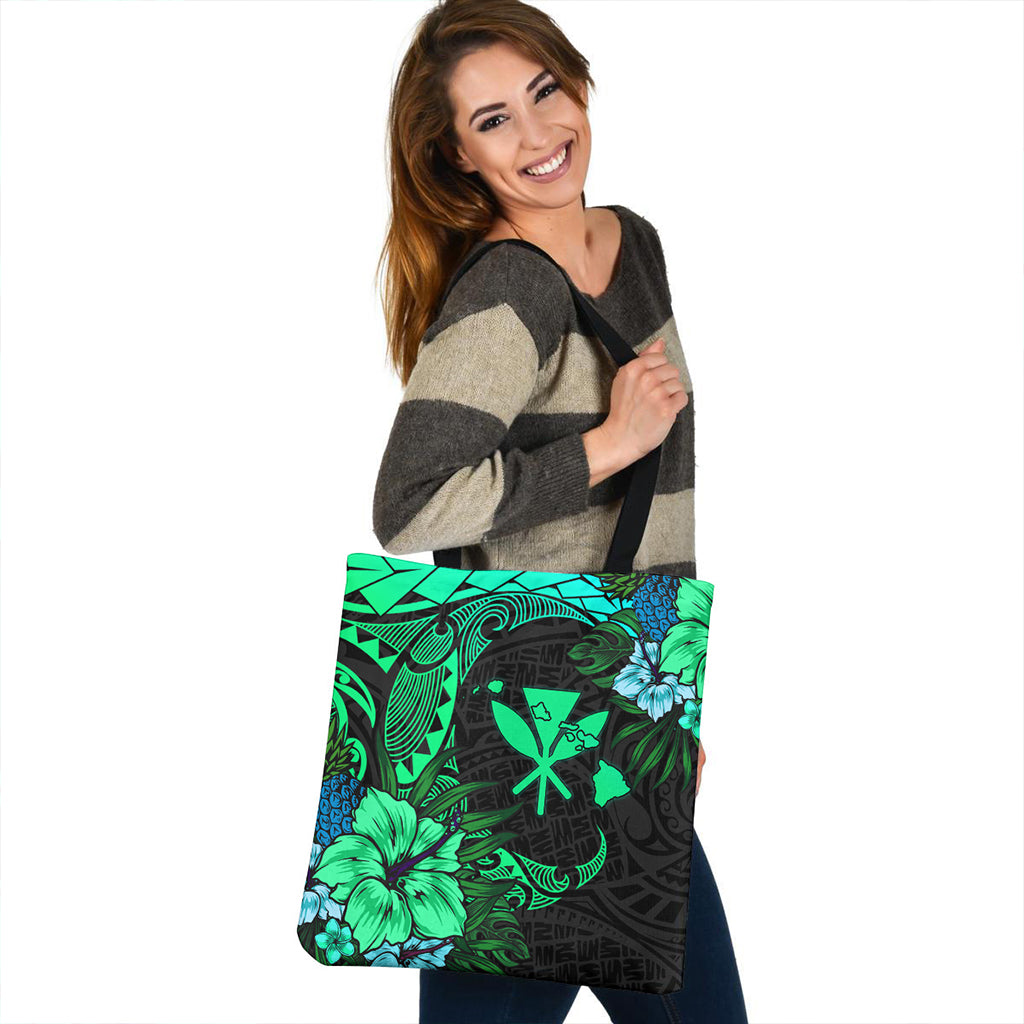 Hawaii Tote Bag Polynesian Turtle Tropical Gardient Green