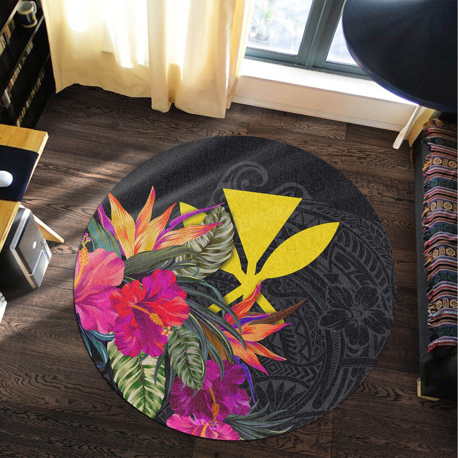 Hawaii Round Rug - Polynesian Pattern Hibiscus