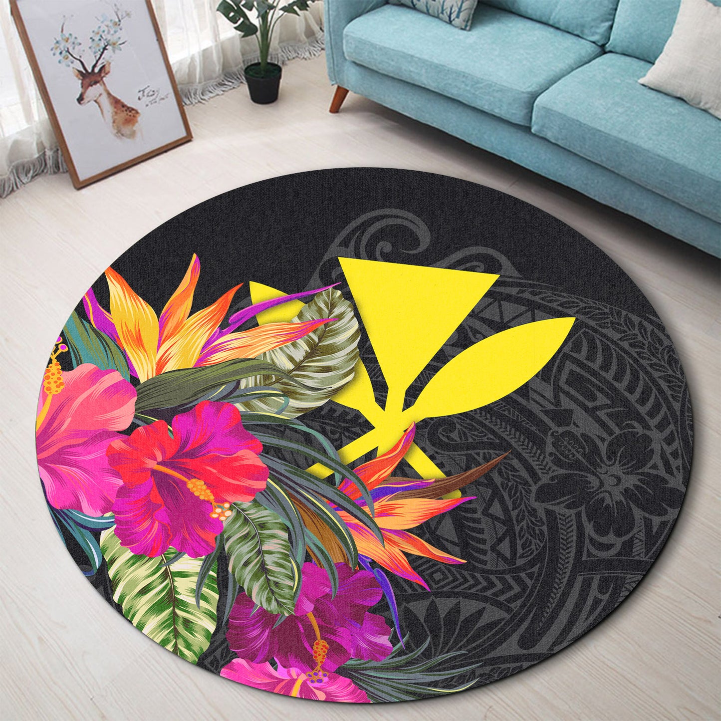 Hawaii Round Rug - Polynesian Pattern Hibiscus