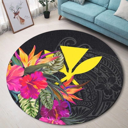 Hawaii Round Rug - Polynesian Pattern Hibiscus