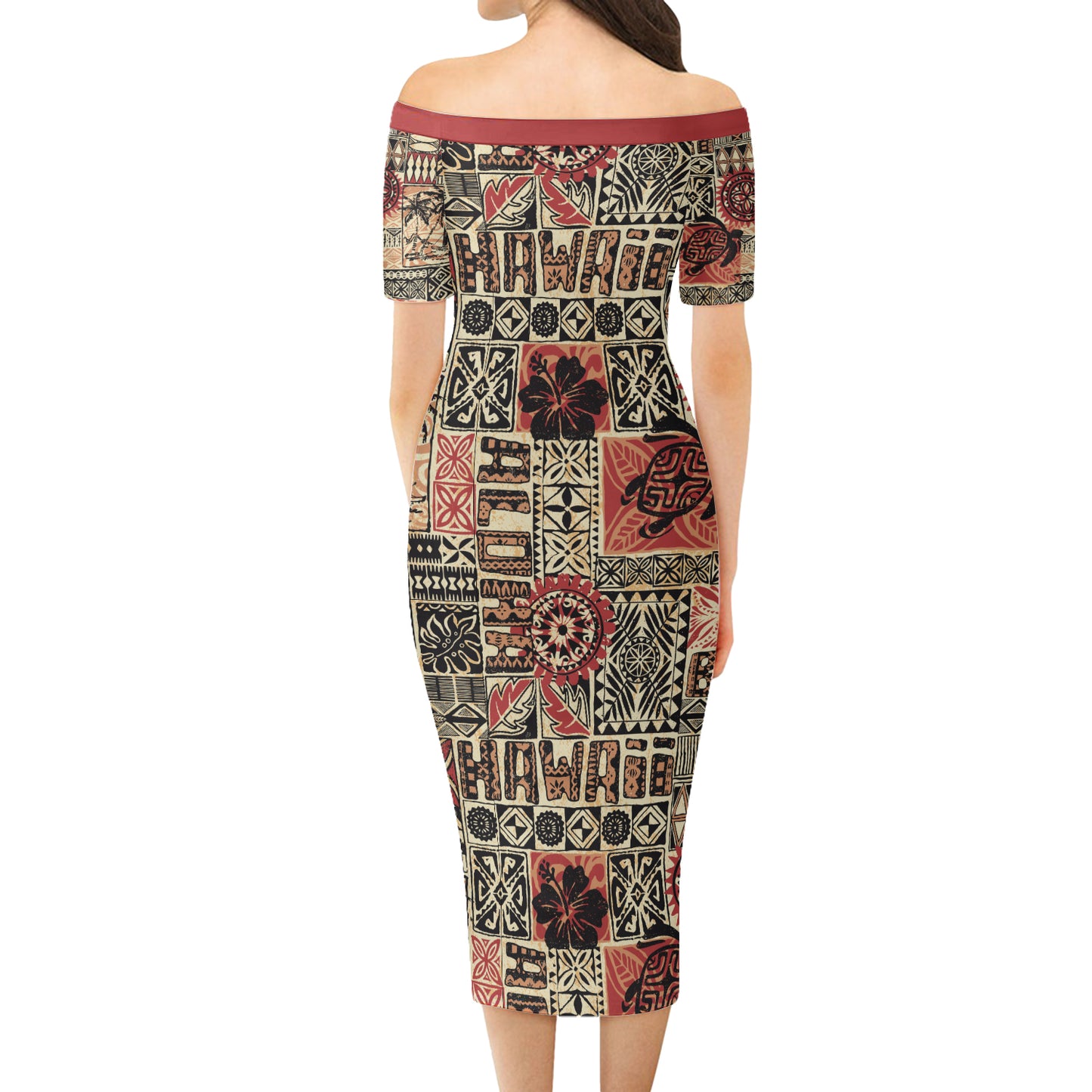 Hawaii Combo Short Sleeve Dress And Shirt Hawaiian Style Tribal Fabric Patchwork