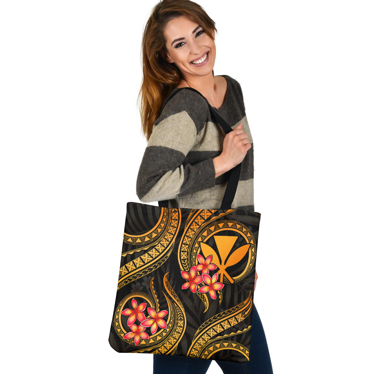 Hawaii Tote Bag Gold Polynesian Pattern Plumeria