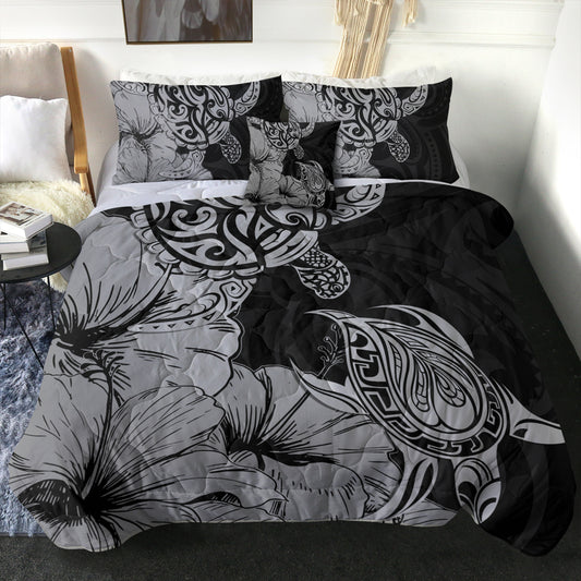 Hawaii Turtle Comforter Polynesian Hibiscus Art Gray
