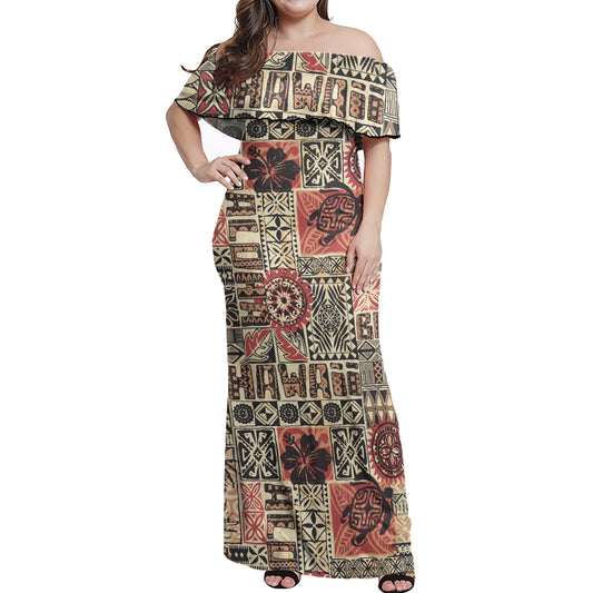 Hawaii Woman Off Shoulder Long Dress Hawaiian Style Tribal Fabric Patchwork