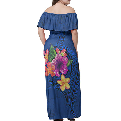 Hawaii Woman Off Shoulder Long Dress Floral With Seal Blue