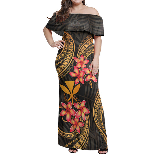 Hawaii Woman Off Shoulder Long Dress Polynesian Gold Plumeria
