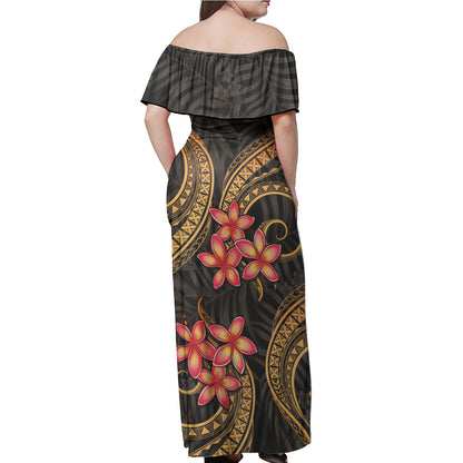 Hawaii Woman Off Shoulder Long Dress Polynesian Gold Plumeria