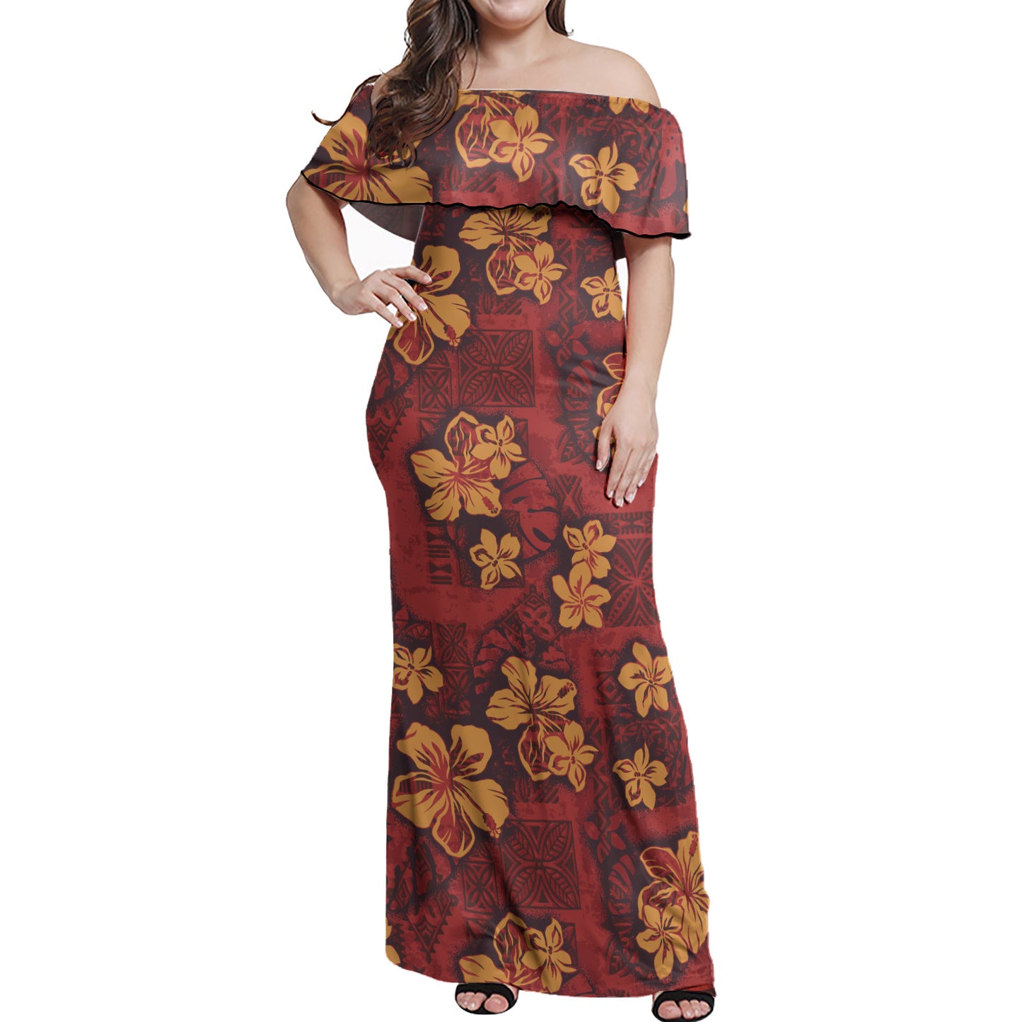Hawaii Woman Off Shoulder Long Dress Polynesian Tribal And Hibiscus Vintage Red Gold