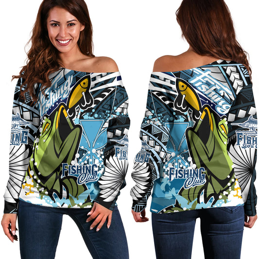 Hawaii Off Shoulder Sweatshirt Custom Polynesian Fishing Club Tribal Style