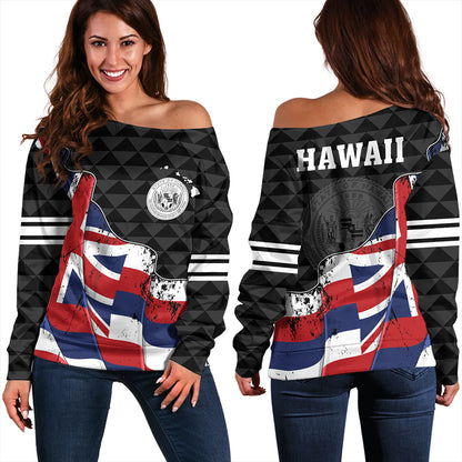 Hawaii Off Shoulder Sweatshirt Flag Alohawaii Kakau Pattern