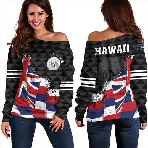 Hawaii Off Shoulder Sweatshirt Flag Alohawaii Kakau Pattern