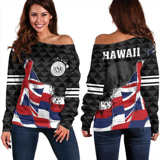 Hawaii Off Shoulder Sweatshirt Flag Alohawaii Kakau Pattern